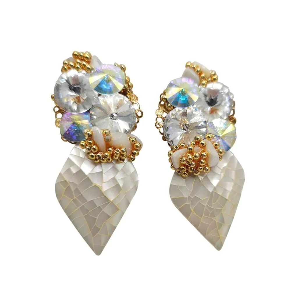 Vintage 1980s Gold Tone Clip On Earrings With Crystal Mother-Of-Pearl Beads
